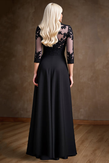 Black Satin A Line Mother of the Bride Dress with Lace Appliques